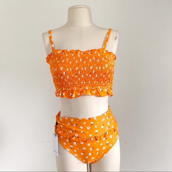NWT 🌼 Floralkini Orange Ruffle High Waist Bikini - Picture 2 of 8